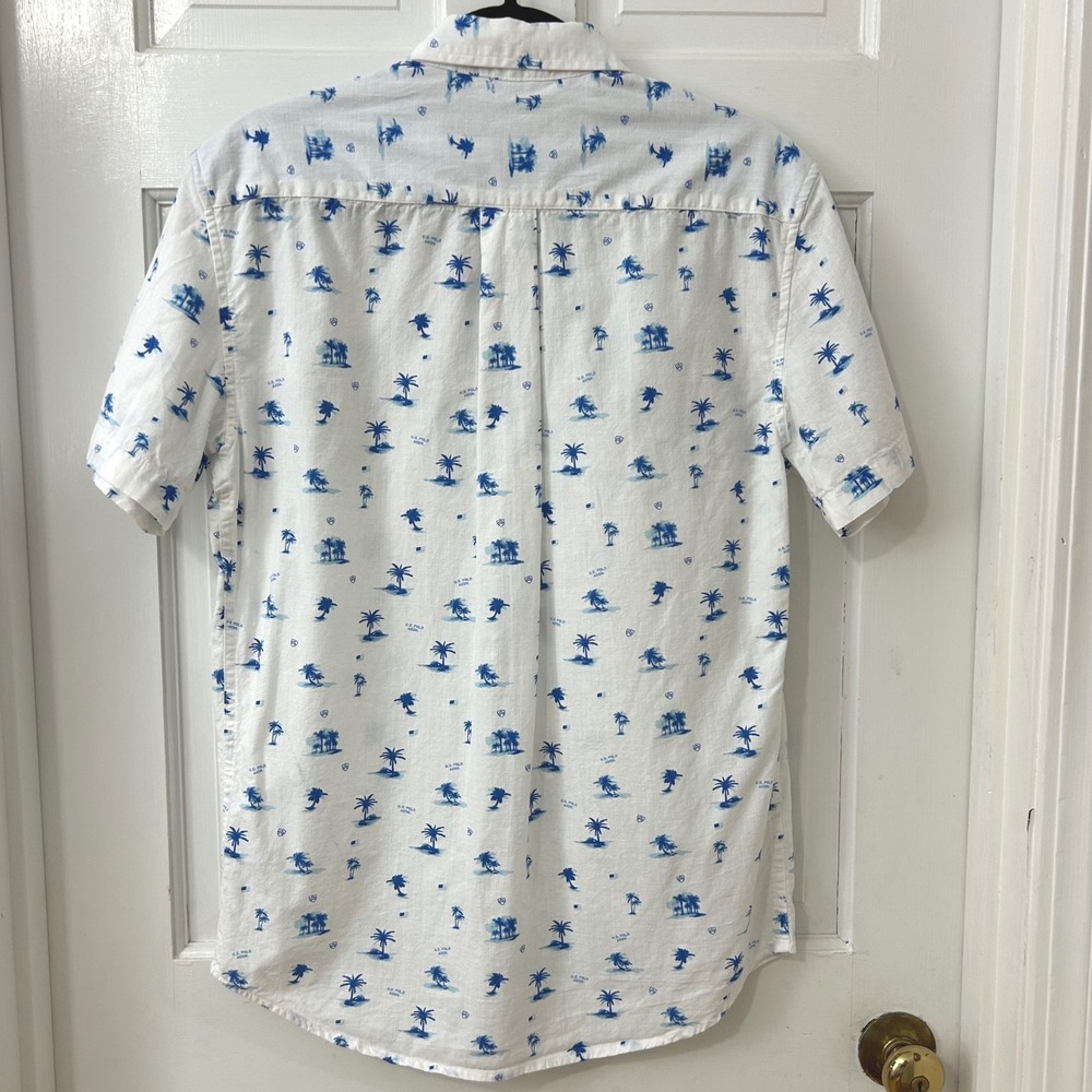 U.S. Polo Assn Button Down Pony Shirt Mens S White Blue Palm Tree Resort Beach - Picture 3 of 5